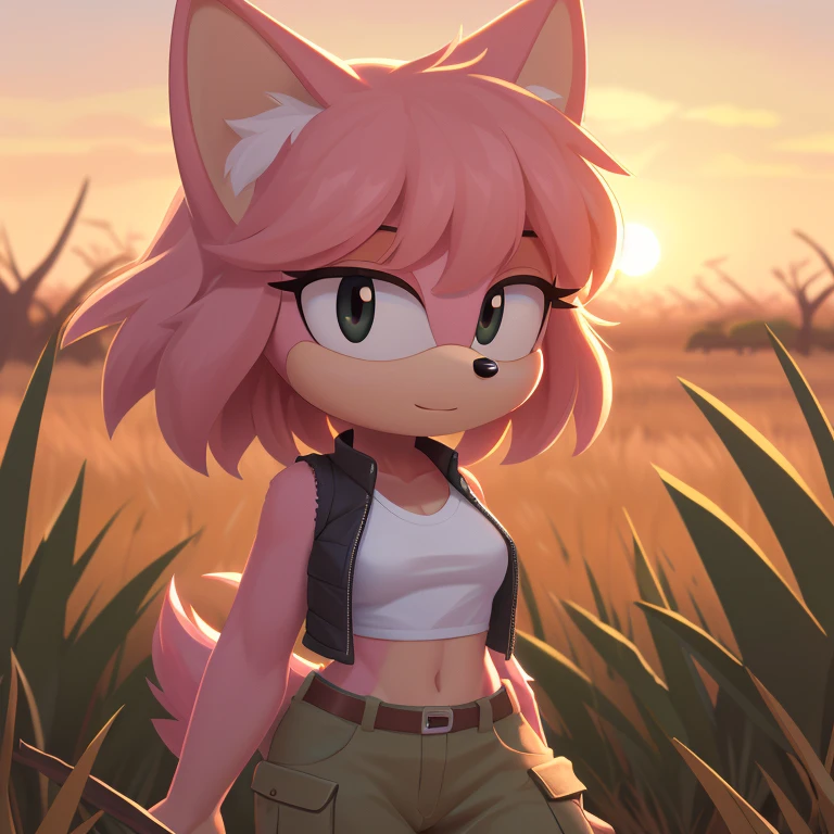 ((Highly detailed)), ((Perfect quality)), ((studio quality)), ((Masterpiece)), ((highres)), ((8k uhd)), ((Good face)), ((Good anatomy)), (((4k))), female hedgehog with light pink fur and tan skin, fluffy bangs, black eyes, small breasts, in the African savanna, golden hour, dim lighting, wearing a dark green cropped vest, and beige cargo pants