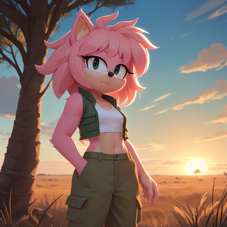 ((Highly detailed)), ((Perfect quality)), ((studio quality)), ((Masterpiece)), ((highres)), ((8k uhd)), ((Good face)), ((Good anatomy)), (((4k))), female hedgehog with light pink fur and tan skin, fluffy bangs, black eyes, small breasts, in the African savanna, golden hour, dim lighting, wearing a dark green cropped vest, and beige cargo pants