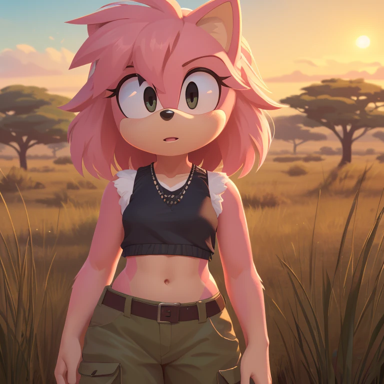 ((Highly detailed)), ((Perfect quality)), ((studio quality)), ((Masterpiece)), ((highres)), ((8k uhd)), ((Good face)), ((Good anatomy)), (((4k))), female hedgehog with light pink fur and tan skin, fluffy bangs, black eyes, small breasts, in the African savanna, golden hour, dim lighting, wearing a dark green cropped vest, and beige cargo pants