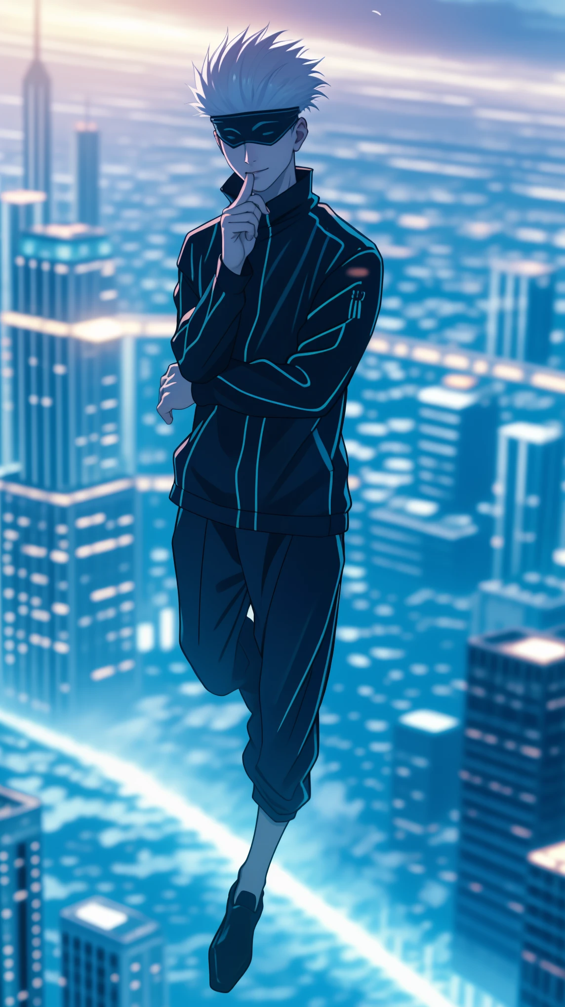 1boy, full body shot, perfect hand and fingers, satoru gojo, blindfold, black outfit, white hair, look at sky, smirk, red and blue moon city night background, wallpaper, cinematic,High resolution 8K, Bright light illumination, lens flare, sharpness, masterpiece, top-quality, The ultra -The high-definition, high resolution, extremely details CG, Anime style, Film Portrait Photography,masterpiece,hyperdetail