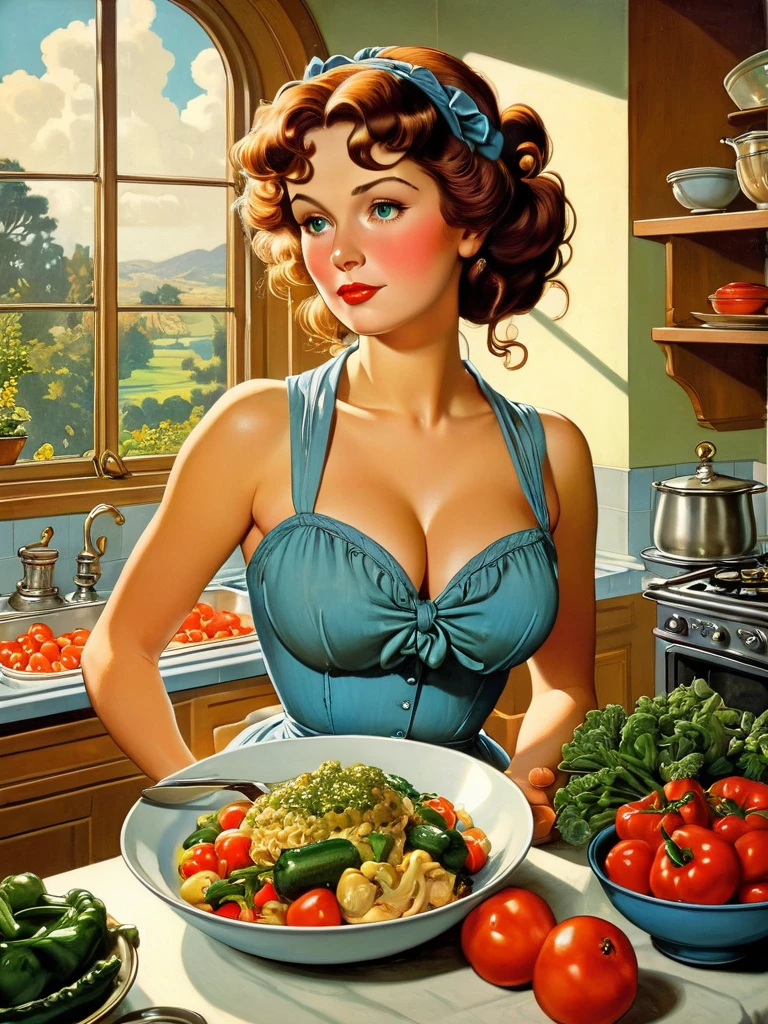 a woman in a kitchen with a bowl of food and a plate of vegetables, ( art fitzpatrick ), comic pinup style, robert crumb photorealism, terry moore, by Mark Brooks, cooking, by Jason Edmiston, pinup art, 1950s illustration style, inspired by Robert Crumb, robert crumb style, by Art Fitzpatrick, Don Lawrence retro comic art style, Alphonse Mucha Greg Rutkowski Studio Ghibli