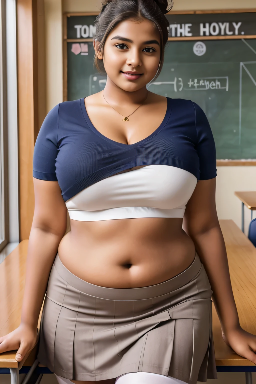 20yo  in school school photo in school masterpiece, (photorealistic:1.4), best quality, beautiful lighting,Eleanor Marathi Woman 20yo Old Big 44M round firm Breasts Plus Size Model lipstick Bun lHair Bun Hair Hair Lifts Skirt Up Raised Skirt, wearing bra and panty. 