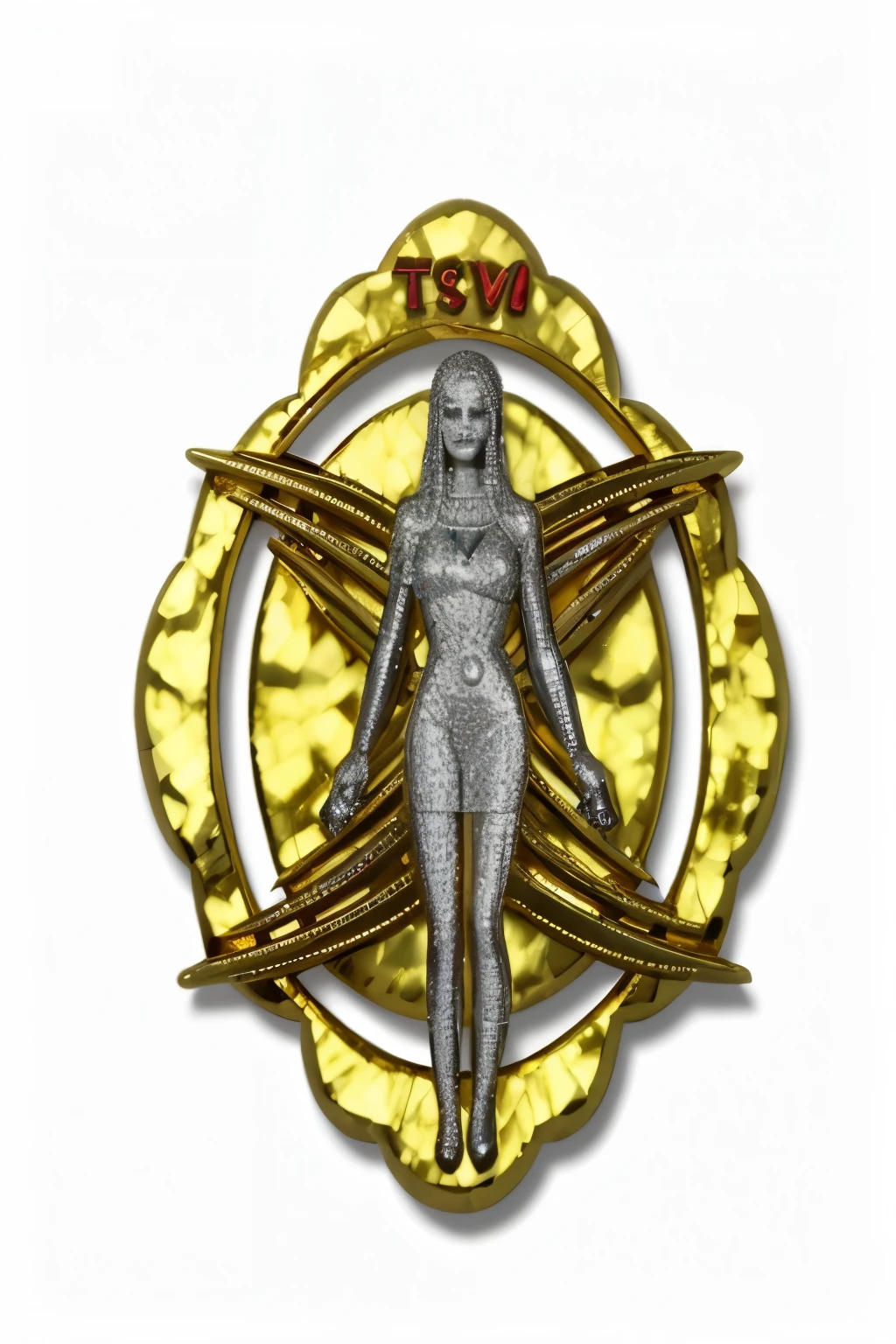 a close up of a woman image made of diamonds standing in a gold circle with a X design behind, true proportions, gold metal wrestling title belt with red letters "TPW" on it