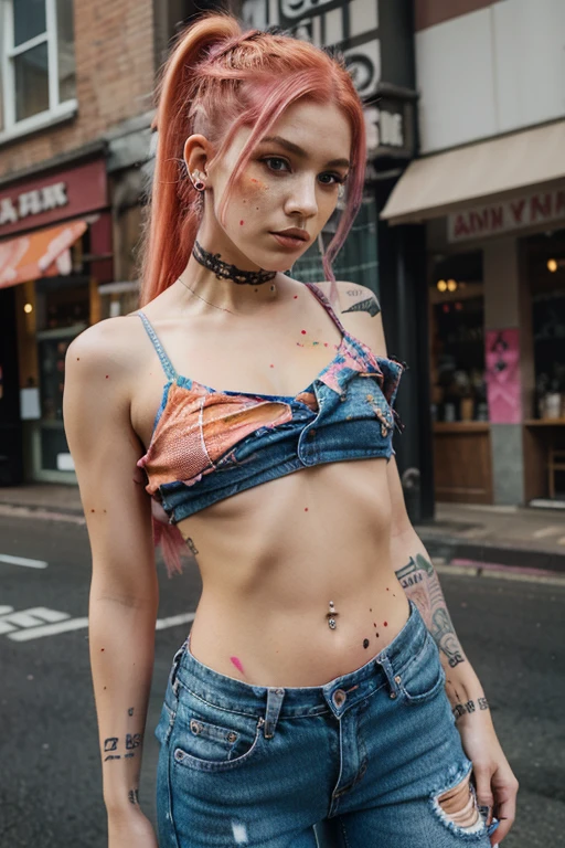 Pink & Orange Hair, Paint splattered top. fishnet sleeves, Jeans, Facial Piercings, ripped jeans, Cool Shape Shave, Multiple Ear Piercings, Braided and Shaved on One Side