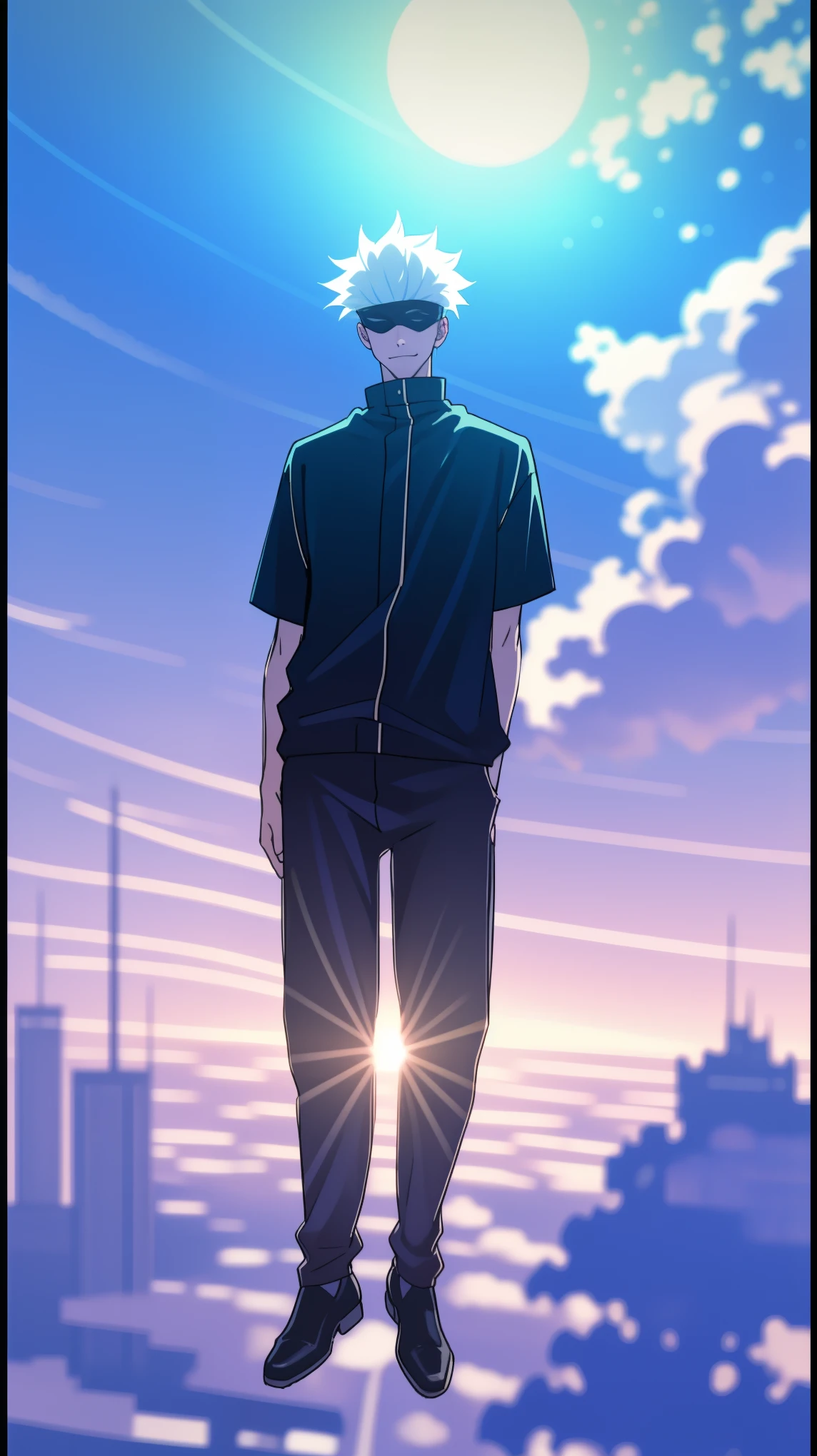 1boy, full body shot, perfect hand and fingers, satoru gojo, blindfold, black outfit, white hair, look at sky, smirk, red and blue moon city night background, wallpaper, cinematic,High resolution 8K, Bright light illumination, lens flare, sharpness, masterpiece, top-quality, The ultra -The high-definition, high resolution, extremely details CG, Anime style, Film Portrait Photography,masterpiece,hyperdetail