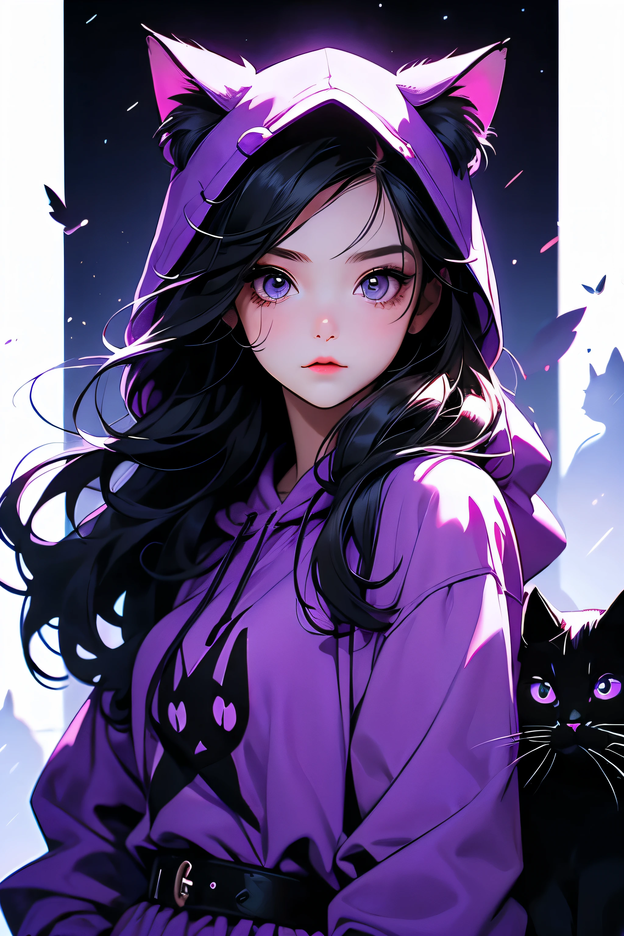 Dark style, nice perfect face with soft skin, really young beautiful girl , cool style, long dark hair, purple cat hood, cat pet, cats, night