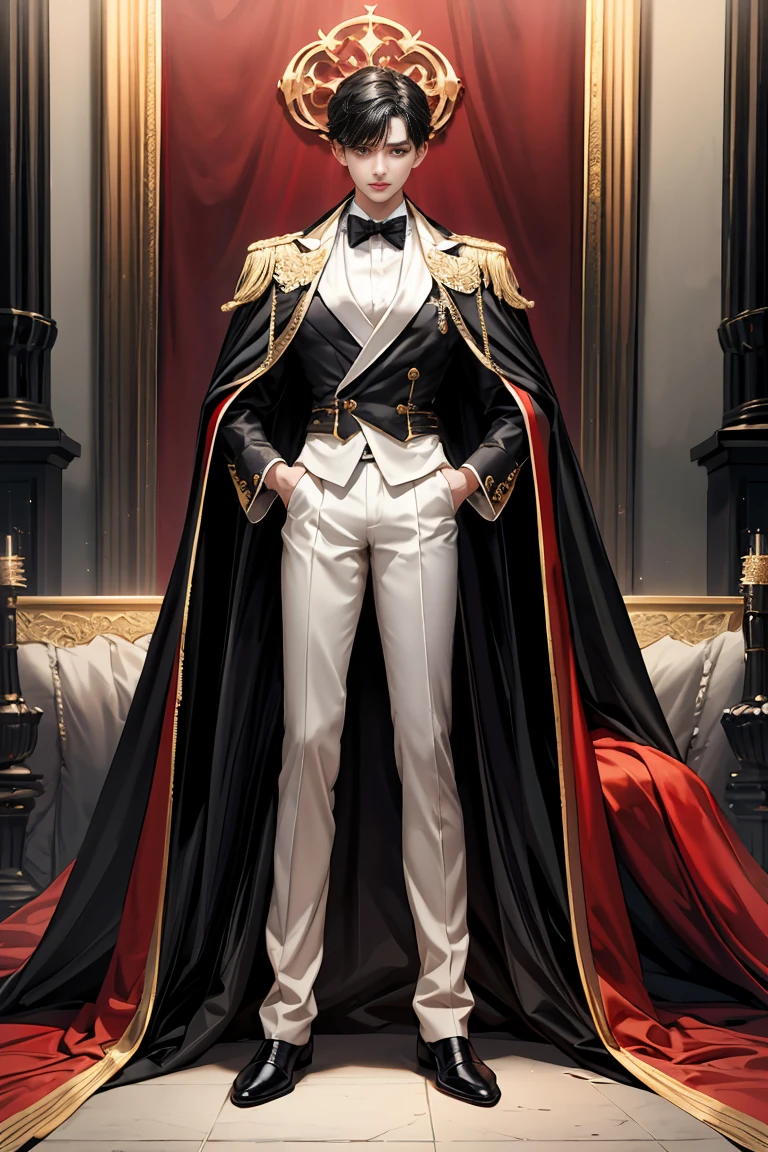 
masterpiece, 最high quality, high quality, 1 boy, alone, male focus, looking at the viewer, whole body, Winning spirit_destiny, Messy black hair, blue adorable big eyes, white people, Noble, Noble, Noble的な吸血鬼、An elegant tuxedo,A very large, very tall stand-up collar, a very large, very long, long cape that reaches down to the floor, made of a lot of fabric, red and black., 17 years old,cute beautiful boy,cute cute handsome boy