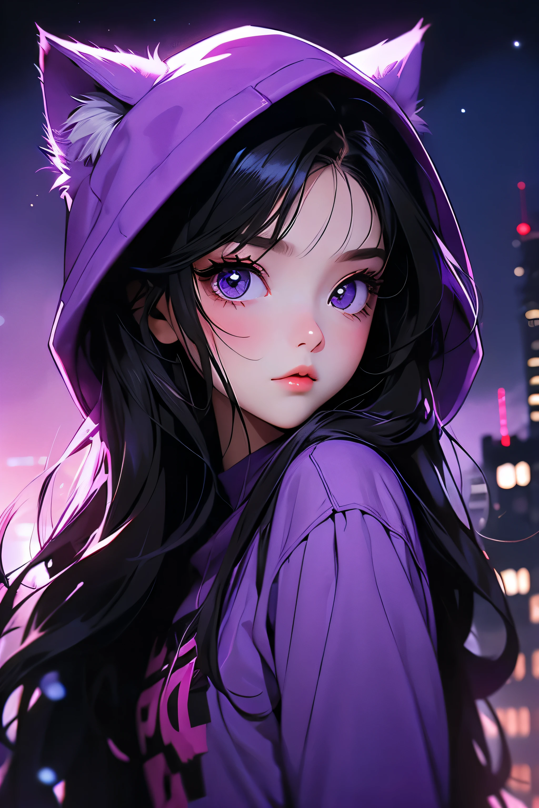 Dark style, nice perfect face with soft skin, really young beautiful girl kid, cool style, long dark hair, purple cat hood, cat pet, cats, night