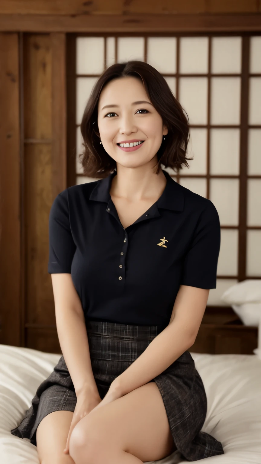 portrait、8K、high quality、realistic photo images、50 years old、japanese woman、wrinkles around the eyes、young proprietress of an inn、Reproduces natural and realistic eyes、Japanese Stand、、美しいblack hair、short hair、short hair、light makeup、octane rendering、beautiful lighting、composition of golden ratio、laughter、short sleeveの服、bright colors、casual clothes、short sleeveの旅館の従業員の服装、short sleeve、mini skirtの服装、mini skirt、thighs、very short skirt、On a futon at a hot spring inn、The interior of the inn、Welcome customers、welcome、、4k、High level image quality、realistic photo images、japanese woman、45 years old、Pure Japanese humanity、beautiful wife、Upper body、beautiful bust、swelling of the chest、breast、、Open your chest to show your bra、light makeup、、neat beauty、mature woman、refreshing smile、open your mouth、black hair、black eye、spread one'wide legs、show panties、lift up the skirt、I can see your pants、squatting down、M-shaped spread legs、Pants fully visible、squat、take off panties