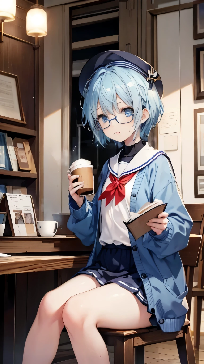 ,girl,best image quality,,blue hair,,blue eyes,glasses,white skin,,short hair,straight hair,half eyes,,wet with sweat,cardigan,sailor suit,Cafe,coffee,sit in a chair,Reading,Book,small,