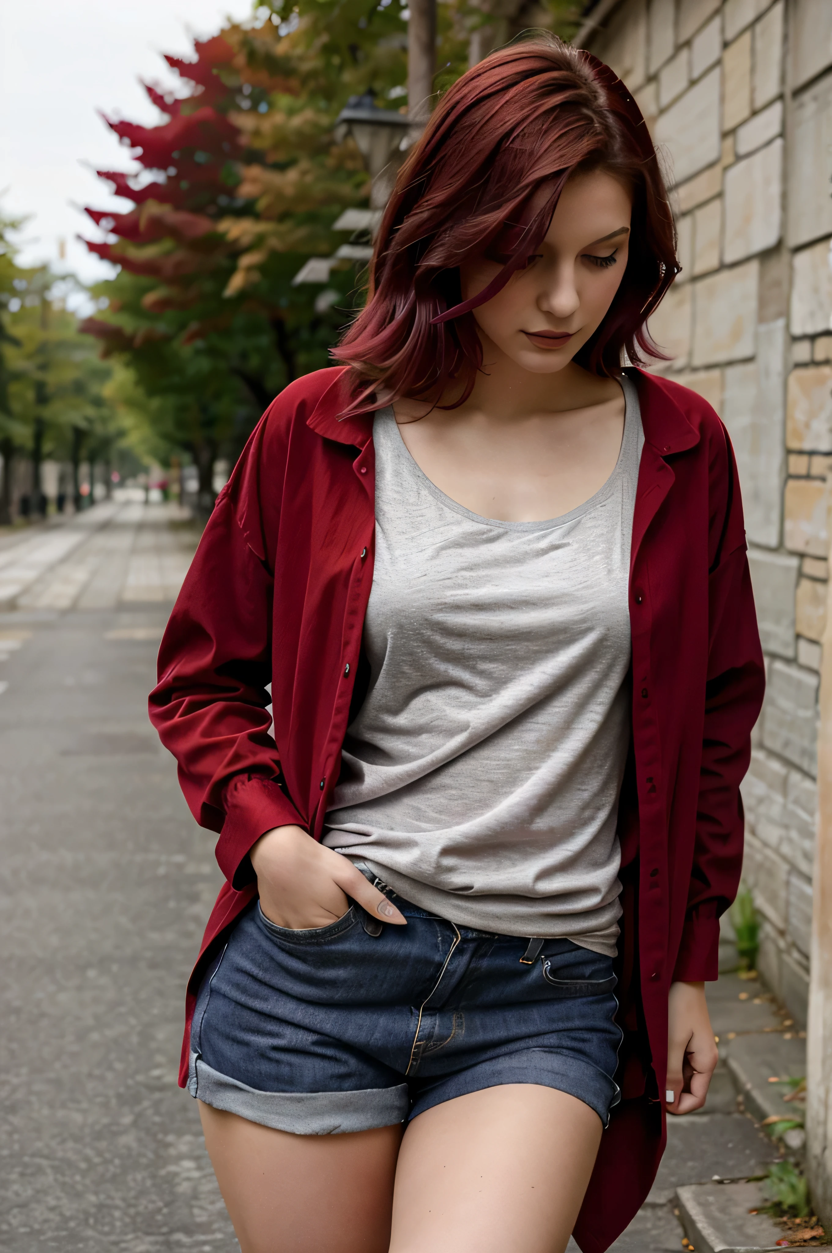 jeune fille de 20 ans au cheveux tres long violet avec une veste ROUGE, habiller en ROUGE, vetue de ROUGE, OUTFIT RED, une tenue rouge, tshirt rouge RED rouge, habiller rouge mode, robe rouge, tenue vestimentaire rouge