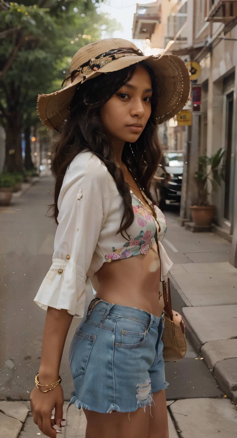 Maya embraces a bohemian-inspired ensemble that perfectly complements the eclectic atmosphere of Adams Morgan. She starts with a flowy peasant blouse in a bold floral print, featuring vibrant colors that pop against the backdrop of the neighborhood's colorful murals and bustling streets.Pairing the blouse, Maya opts for high-waisted denim shorts with distressed details, adding a touch of casual flair to her look. The shorts are frayed at the hem, giving them a relaxed and lived-in feel that suits the laid-back vibe of Adams Morgan.For footwear, Maya selects a pair of comfortable yet stylish woven sandals with espadrille soles, perfect for strolling through the vibrant streets and exploring the neighborhood's unique shops and cafes.Accessorizing her outfit, Maya adds a stack of beaded bracelets and layered bohemian-inspired necklaces, adding a touch of texture and personality to her ensemble. She also wears a floppy sun hat adorned with a colorful scarf, providing shade from the sun while adding a playful and whimsical touch to her look.Completing her outfit, Maya wears her hair in loose beachy waves, adding to the bohemian vibe of her ensemble. With her effortlessly chic look, Maya is ready to soak up the creative energy and vibrant culture of Adams Morgan.