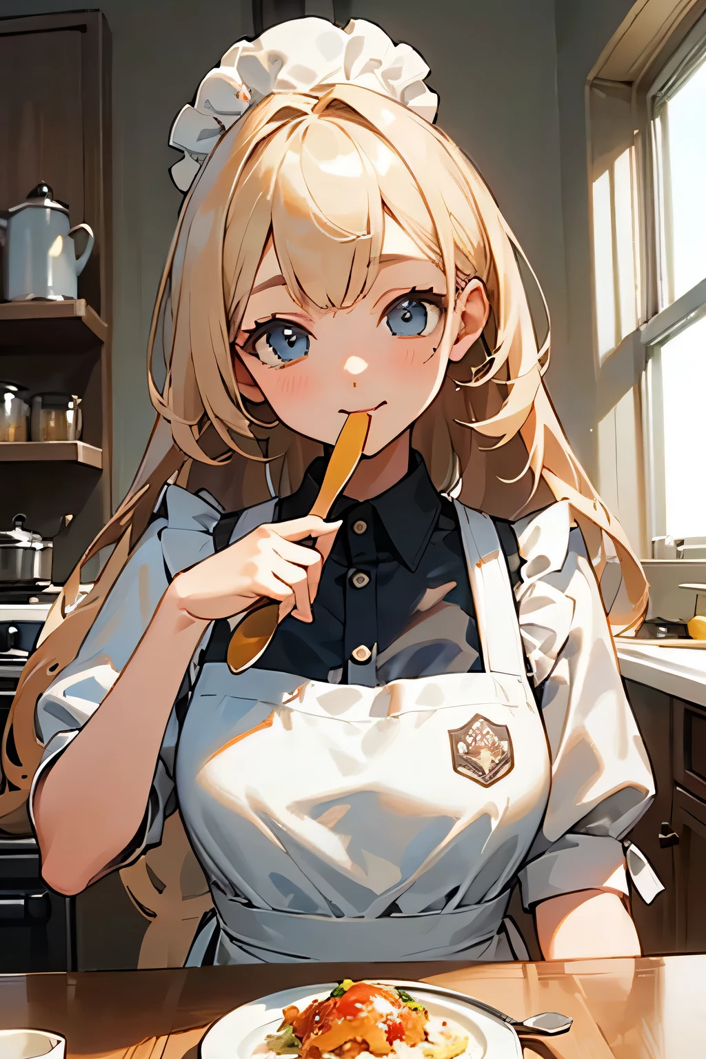 ((highest quality))、 ((masterpiece))、 (be familiar with)、 perfect face、big bust、kitchen、apron、long hair、invite、spoon、Taste、beautiful girl(1.3)