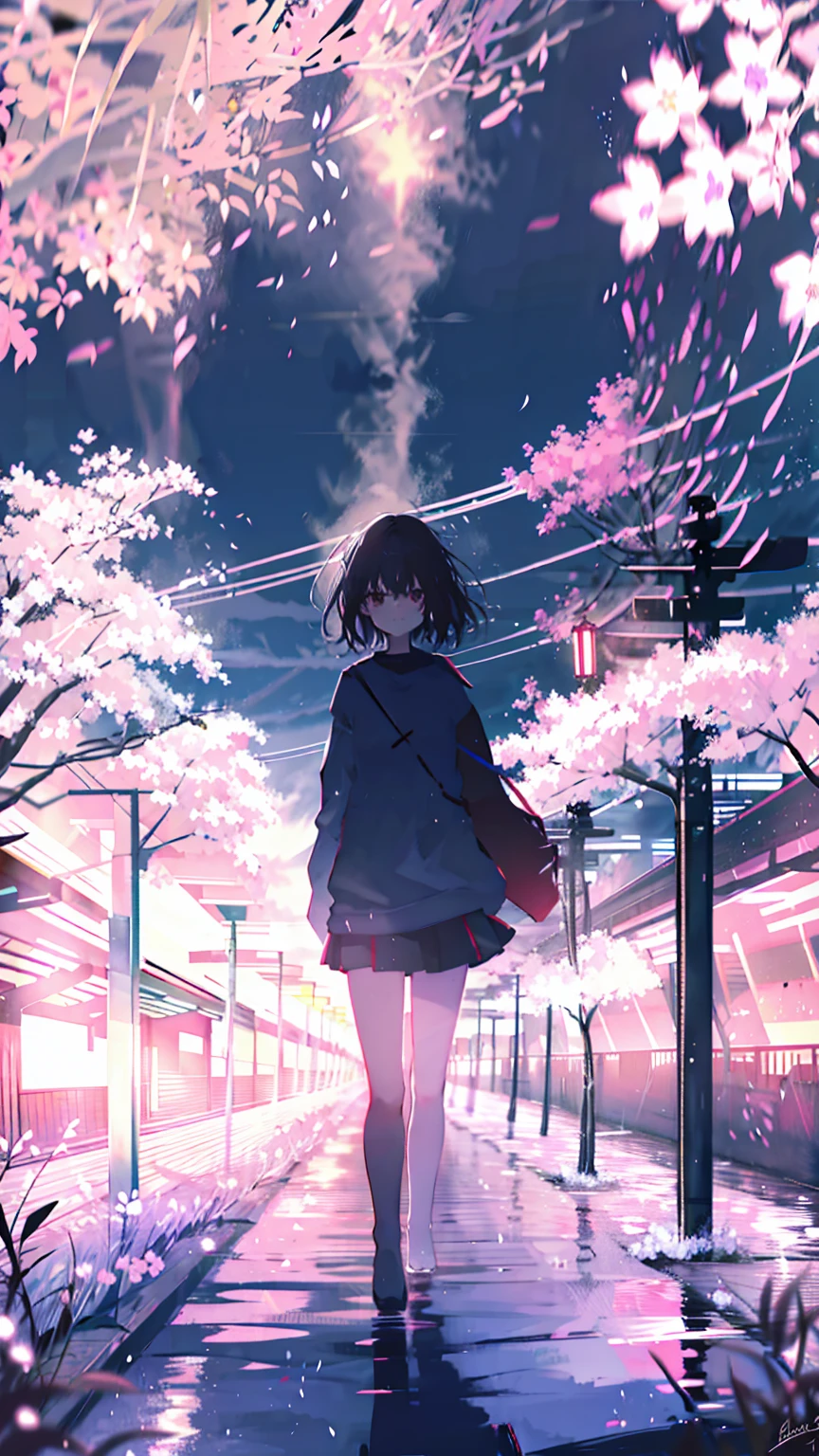 sparrow, black hair girl, wearing a sweater, black skirt, medium hair, headphone, Because I&#39;m slender, , serious face, Japanese high school girl. She stands at the shrine,cherry blossoms,cherry blossoms並木,long hair,Bright white skin,long hair