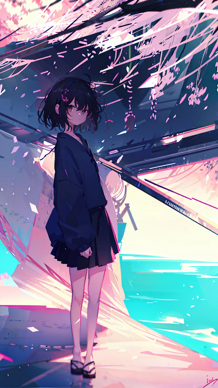 sparrow, black hair girl, wearing a sweater, black skirt, medium hair, headphone, Because I'm slender, , serious face, Japanese high school girl. She stands at the shrine,cherry blossoms,cherry blossoms並木,long hair,Bright white skin,long hair