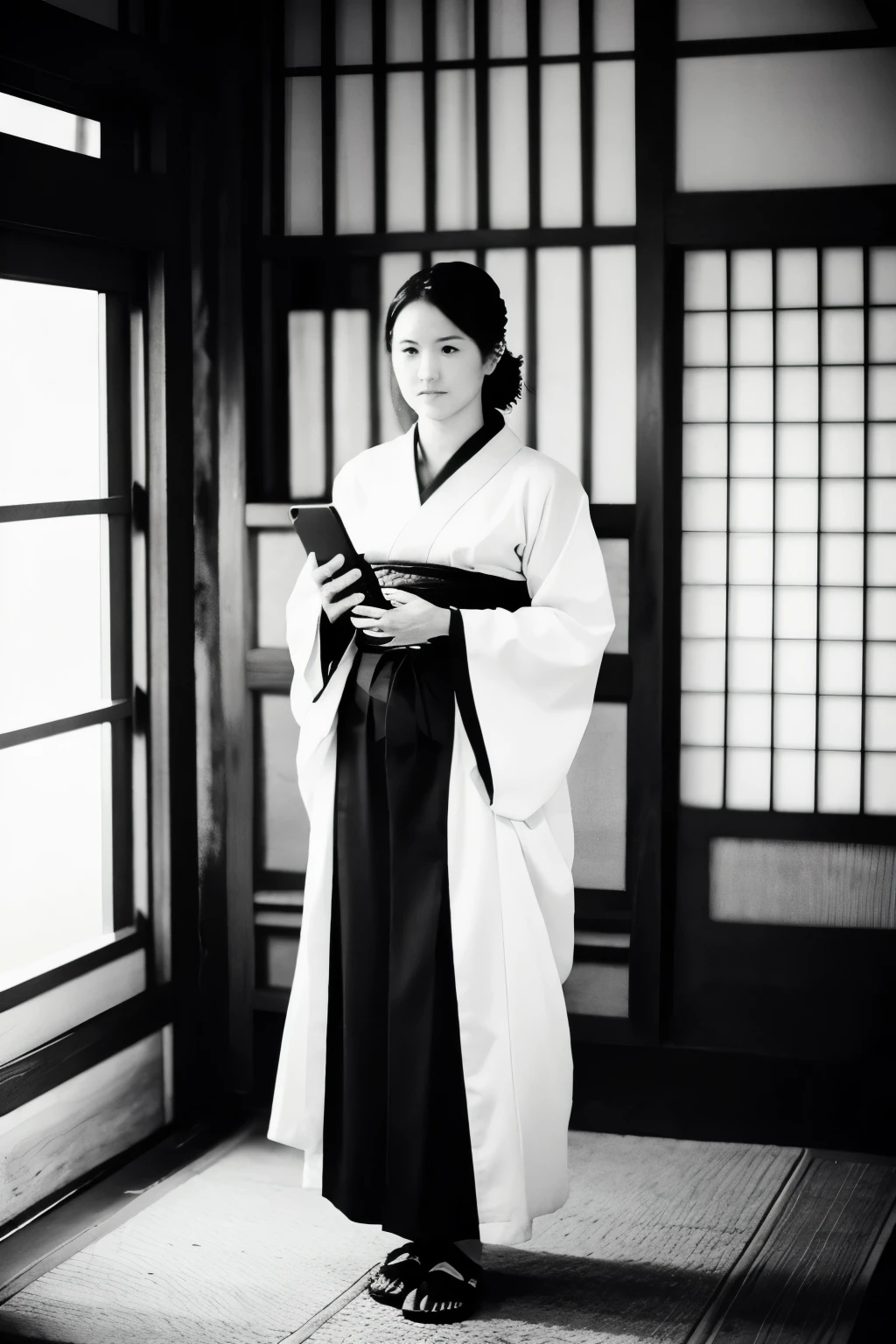 Old black and white photos, Poor image quality, Full body photo of a woman, A woman wearing a kimono and holding a smartphone in a traditional rustic room、Look downwards, Fusuma