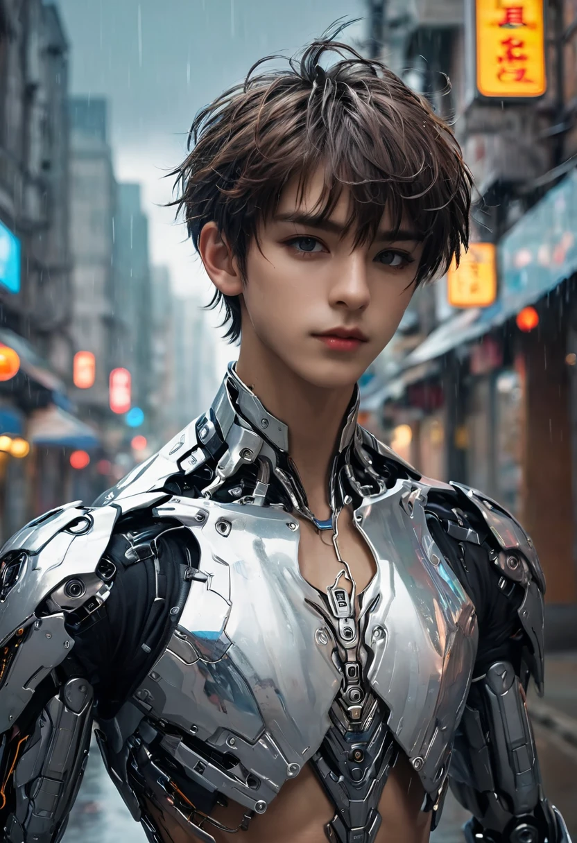 {{master piece}}, best quality, photograph of sexy twink, ((wearing no armor)), small flat soft human chest, armor does not cover his bare chest and bare torso, ((exposed flat pectoralis muscles)), handsome detailed eyes, handsome boyish face, detailed cyberpunk city, flat chest, handsome detailed hair, wavy hair, handsome detailed street, mecha clothes, robot boy, cool movement , skinny twink body, {filigree}, dragon wings, colorful background, rainy days, {lightning effect}, beautiful, detailed sliver dragon armor，