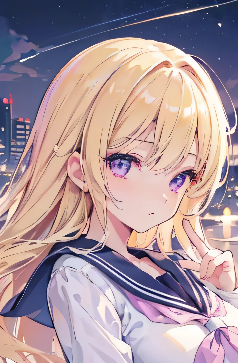 (A Pretty girl with blond hair and purple eyes), a sailor suit ,((ultra-detailed illust:1.2)),Winters ,(Detailed and delicate face),((beautiful fingers)) Neon City ,Nostalgic, Make a peace sign with both hands ,night , Detailed landscapes