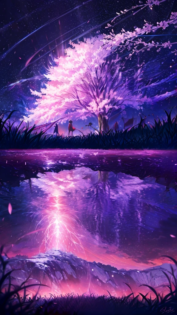 Describe the scene with the giant glowing cherry tree., starry sky,Colorful nebulae and your favorite constellations,There are no people,background only,milky way,Cherry blossom trees