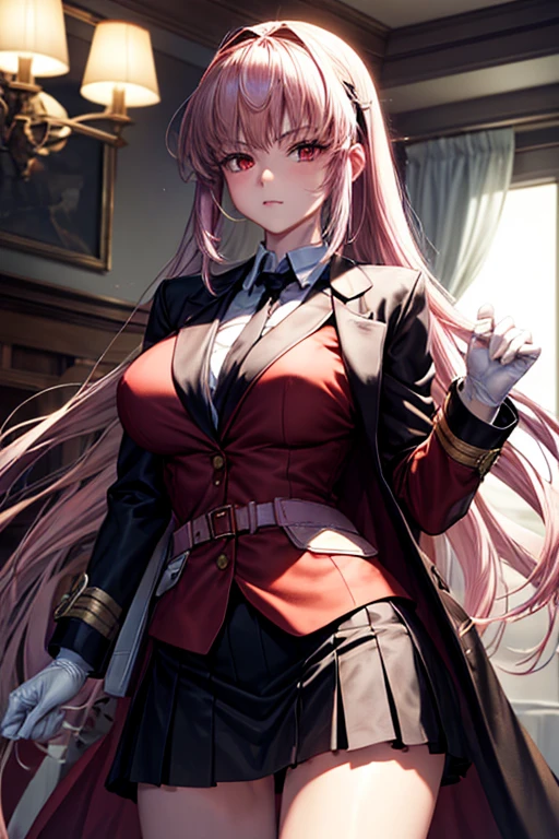 masterpiece,best quality,high resolution,8k,perfect face,(megami magazine:1.2),perfect body,full body(FGO:1.5),(light pink shirt policytail hair:1.3),red eyes,1woman,pale skin,(fighter:1.3),large breasts,large ass,small nipples,(clothed:1.5),red military uniform clothed,(wear black suit coat:1.5),erect nipples,cameltoe,(blacks hort skirt:1.3),Indoors with soft lighting,,,(beautiful scenery),(perfect face),