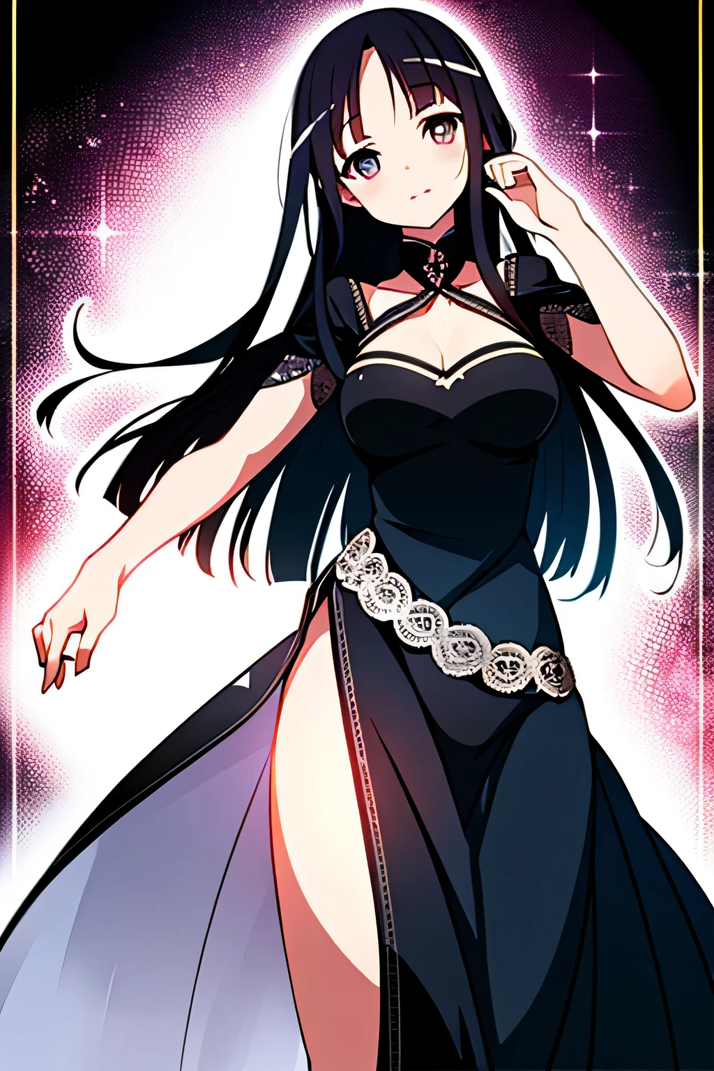 ((highest quality)), ((masterpiece)), (be familiar with), perfect face、sexy、long dress、straight hair、big bust、dance、Beautiful long, narrow eyes

