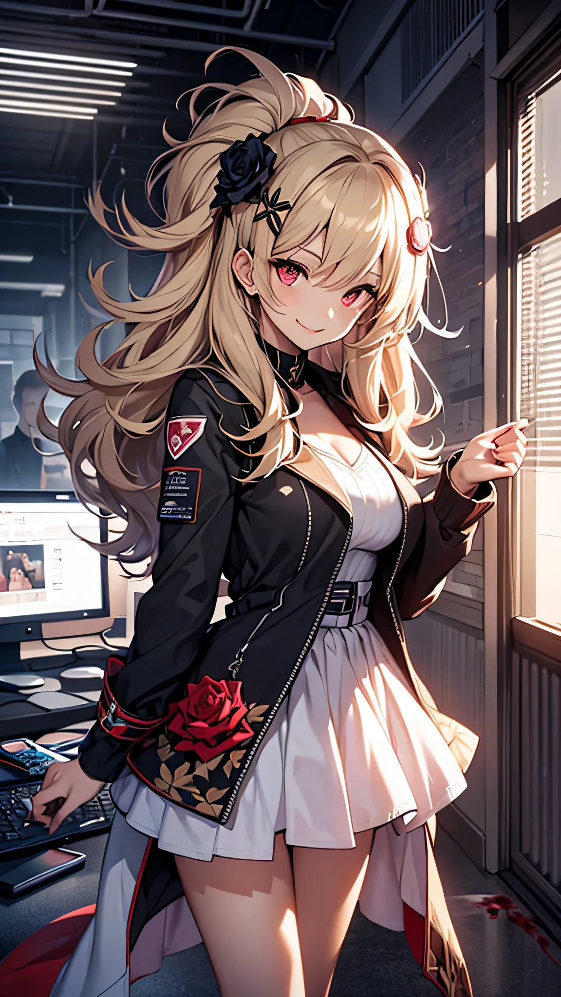 最high quality、best image quality、masterpiece、girl((18-year-old、 By becoming、vest bust、medium bust,wide open breast tea、red glowing eyes, blonde、messy hair、long hair、thin,highest valley、Show the whole body、white dress、long skirt、open chest、White wristband、red shoes、sexy、smile、Leaning forward、rose hair ornament、have a rifle、Whole body return blood)),high quality、beautiful art、background((White computer room))、Flight、debris flies、Depth of written boundary、movie、visual art、perfect art、8K,genuine、