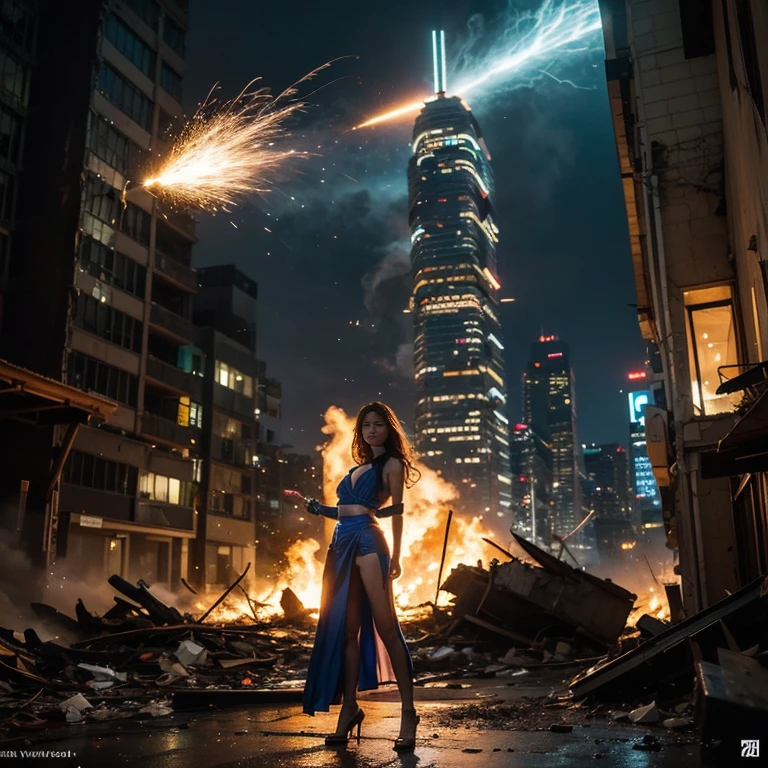 (highest quality、4k、8K、High resolution、masterpiece: 1.2)、Super detailed、(genuine、photogenuineistic、photogenuineistic: 1.37)、Destruction of a Great City、(A woman with telekinesis stands in front of a spaceship controlled by invaders:1.37) 、(Women are young and beautiful、18-year-old、unparalleled beauty:1.5)、Insert a mental barrier to resist robot attacks、Vibrant cityscape、bright colors、Shining skyscrapers、Busy Street、Futuristic architecture and technology、Advanced Holographic Displays、Neon light splashes 、dramatic lighting、intense shadow、The awe-inspiring power that women exude、determination in his eyes、Elegant flowing gown、Dynamic action in the wind、Stretch out your arms and lunge towards the robot.、Powerful energy is emitted from the hands.、blue shining aura、sparks of electricity、electricity crackling in the air、A whirlpool of energy surrounding women、A fascinating and surgenuine atmosphere、A sense of danger and impending doom、Background chaos and destruction、Crumbling Building、flying debris、Smoke and flames、 The contrast between beauty and destruction、The battle between technology and the extraordinary power of young women。