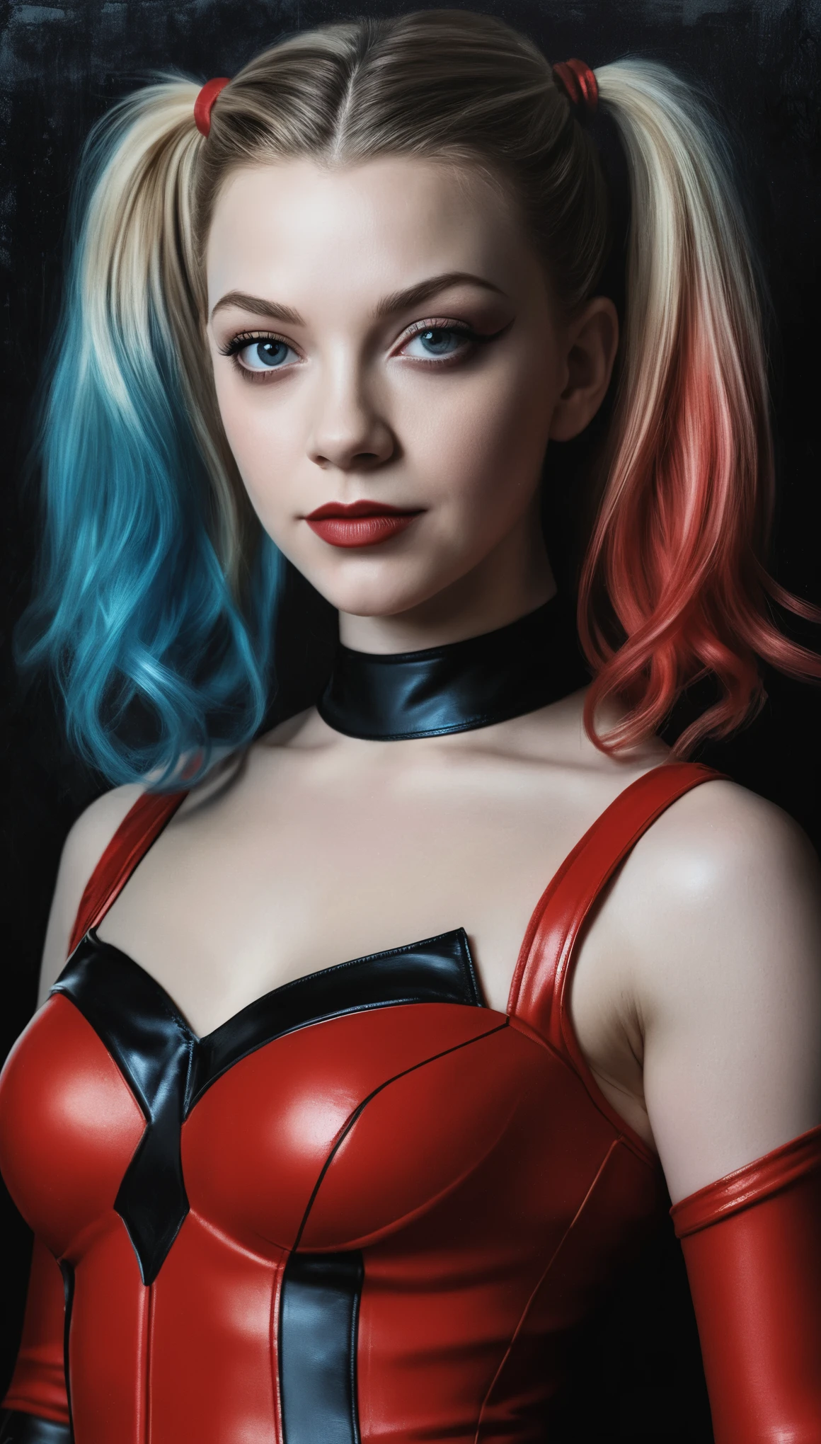 An illustrated movie poster of Natalie Dormer dressed as Harley Quinn, wearing a red morph suit, f /2.8, cinematic, high quality, skin texture, looking at the camera  hard shadows, graphite shading, stencil marks, airbrushed acrylic paint, masterpiece 