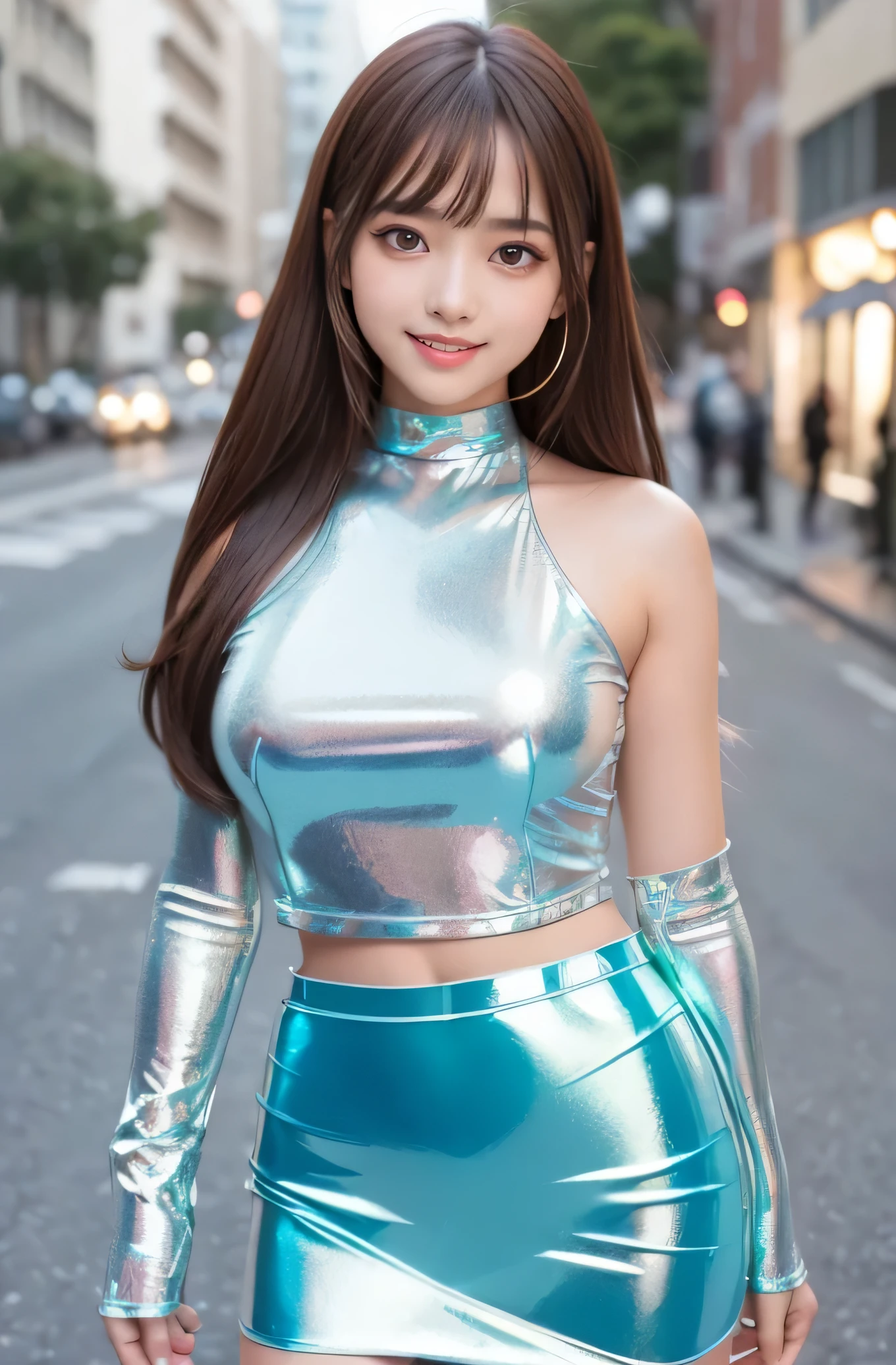 Angelic Very beautiful cute girl,11 yo,
Beautiful detailed eyes,
Detailed double eyelids,
(Large eyes:1.4),
Long straight brown hair,
see-through bangs,
Sharp Focus,small straight nose,
beautiful detailed face and eyes,
drooping eyes,
(Soft Saturation: 1.3), (Fair skin: 1.2),BREAK (Super Shiny metallic turquoise Tight mini Skirt :1.4),
( Super shiny white transparent holographic fashionable Shoulder hole long sleeves tops:1.2) , (Super shiny pantyhose:1.3) ,(costume with strong reflective surfaces:1.5), (smile:1.5),Walking,
Costume lighting,
In the street ,
(Brown hair:1.3)