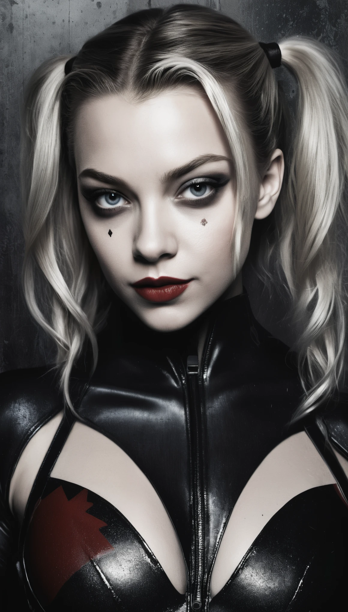 An illustrated movie poster of Natalie Dormer dressed as Harley Quinn, wearing a black morph suit, f /2.8, cinematic, high quality, skin texture, looking at the camera  hard shadows, graphite shading, stencil marks, airbrushed acrylic paint, masterpiece 