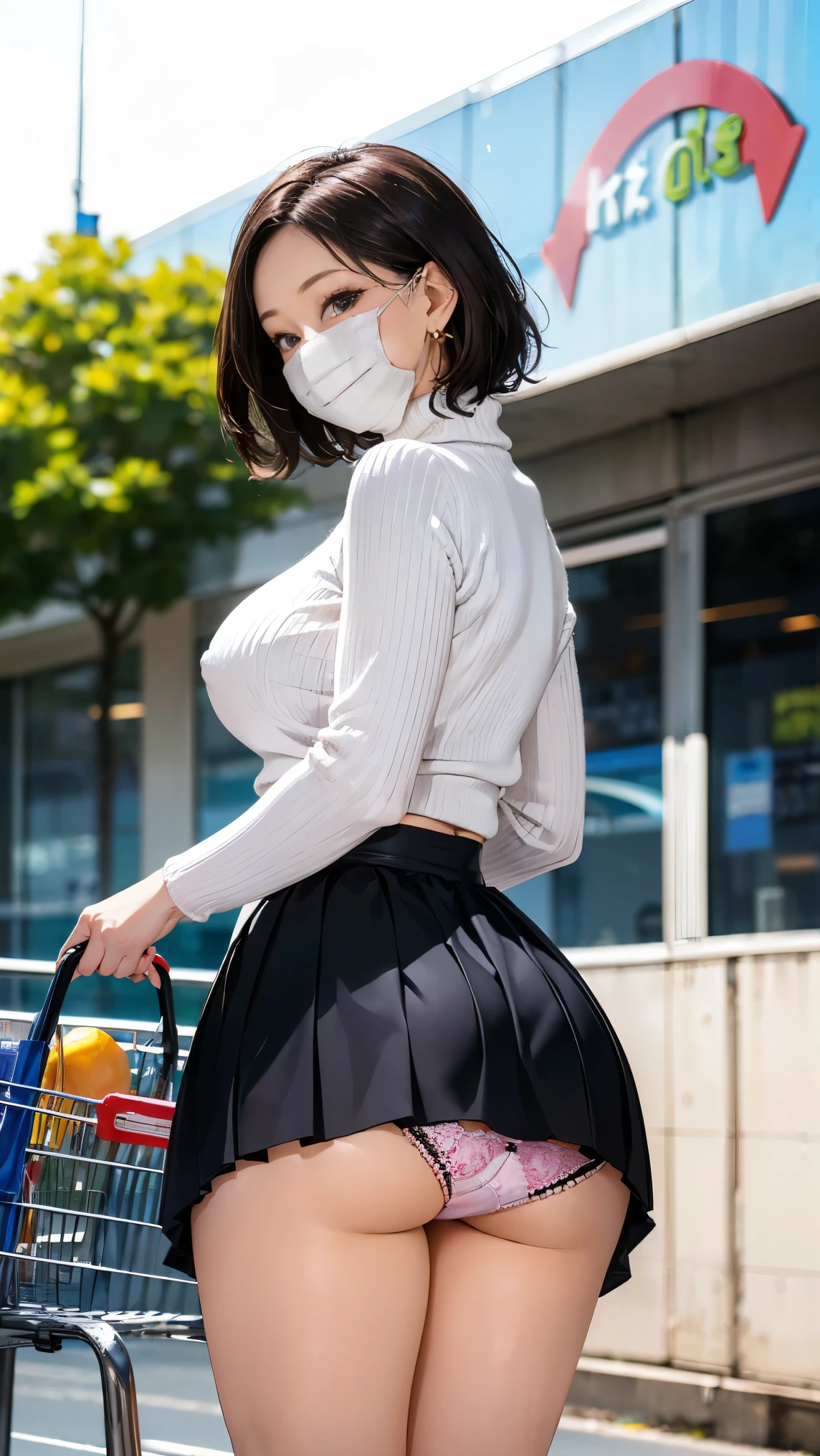 casual clothes at the supermarket, Full body inside a supermarket with shopping carts,, (((white mask:1.3))),Female, 20 years old, short black hair、bangss、Puffy nipple、(White Turtleneck Knit)、(black long skirt), Black stockingedium milk, cute smile face、((Poses that emphasize the buttocks、turned around))、sexy hips、Black High Heels、Big necklace、((((the wind blew my skirt, expose my panties...))))、(紫の lace panties)、Cute earrings、(Tilt your head slightly)