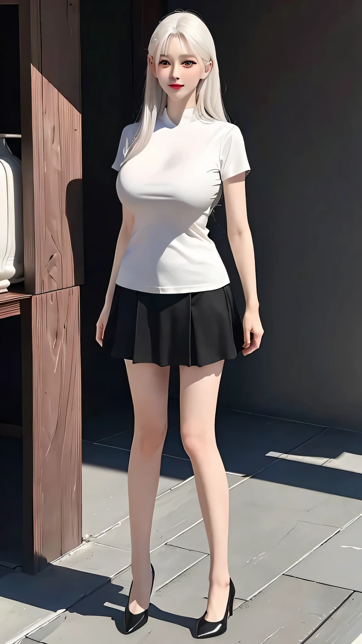 (8k, RAW photos, top quality, masterpiece: 1.2), (realistic, photorealistic: 1.37), (High Quality), (Ultra realistic), (High Details), (Face detail), (Shadow Detail), (big breast : 1.5), 1 girl, (Mature Female), MILF, solo, Green eyes, White hair, long hair, Pink Lips, Blush, (Extreamly Face Detailed), (Ultra Face Detailed), white oversized shirt, black skirt, (Hand detailed), Fingers Detailed, full body, (thin body), (slim body), slim stomach, (Thick thighs), (wide hips), small soulders, (weight 170cm), black shoes, full body shoot, standing