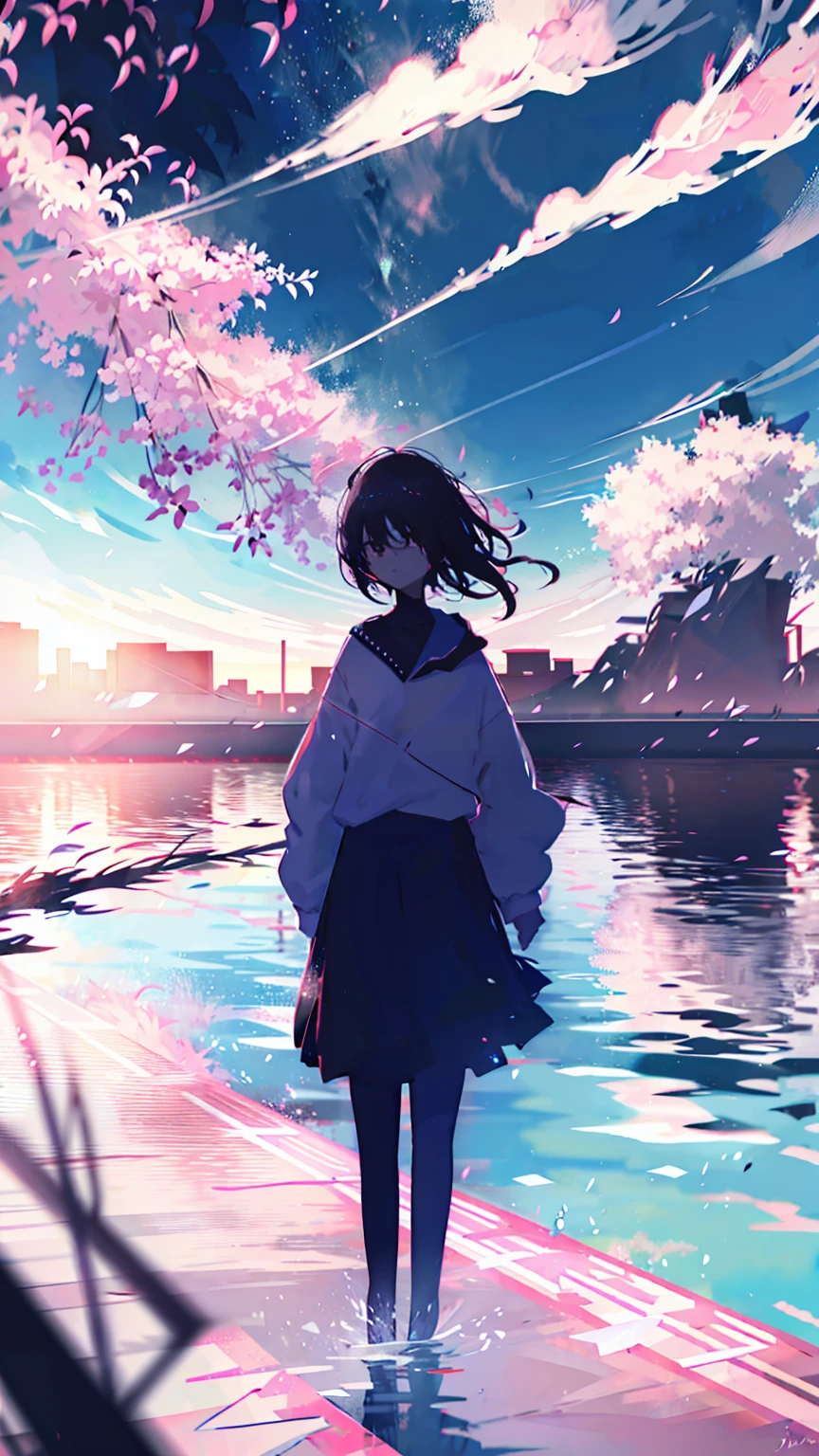 sparrow, black hair girl, wearing a sweater, black skirt, medium hair, headphone, Because I'm slender, teen, serious face, Japanese high school girl. She stands at the shrine,cherry blossoms,cherry blossoms並木,long hair,Bright white skin,long hair,colorful,Vibrant colors