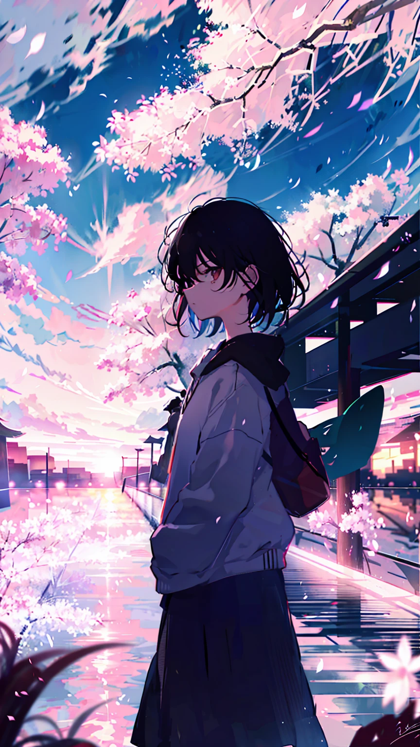 sparrow, black hair girl, wearing a sweater, black skirt, medium hair, headphone, Because I&#39;m slender, teen, serious face, Japanese high school girl. She stands at the shrine,cherry blossoms,cherry blossoms並木,long hair,Bright white skin,long hair,colorful,Vibrant colors