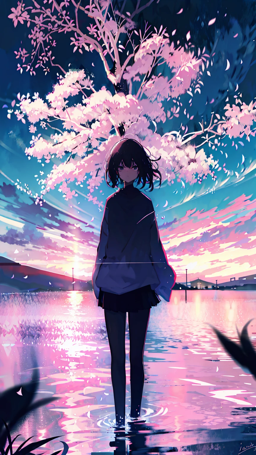 sparrow, black hair girl, wearing a sweater, black skirt, medium hair, headphone, Because I'm slender, teen, serious face, Japanese high school girl. She stands at the shrine,cherry blossoms,cherry blossoms並木,long hair,Bright white skin,long hair,colorful,Vibrant colors