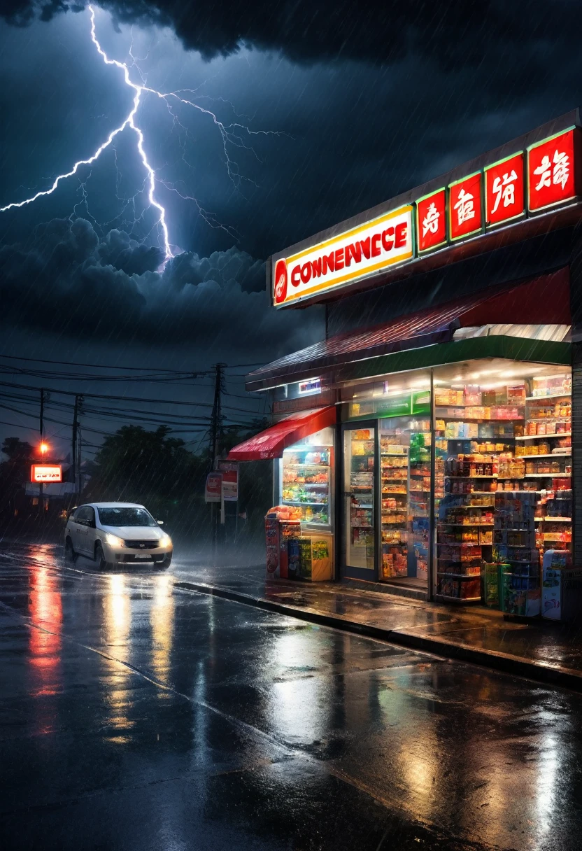 midnight convenience store, modern, city, streets, dark clouds, thunderstorm, heavy rain,, dramatic lighting,, (masterpiece:1.2), best quality, high resolution, beautiful detailed, extremely detailed, perfect lighting,