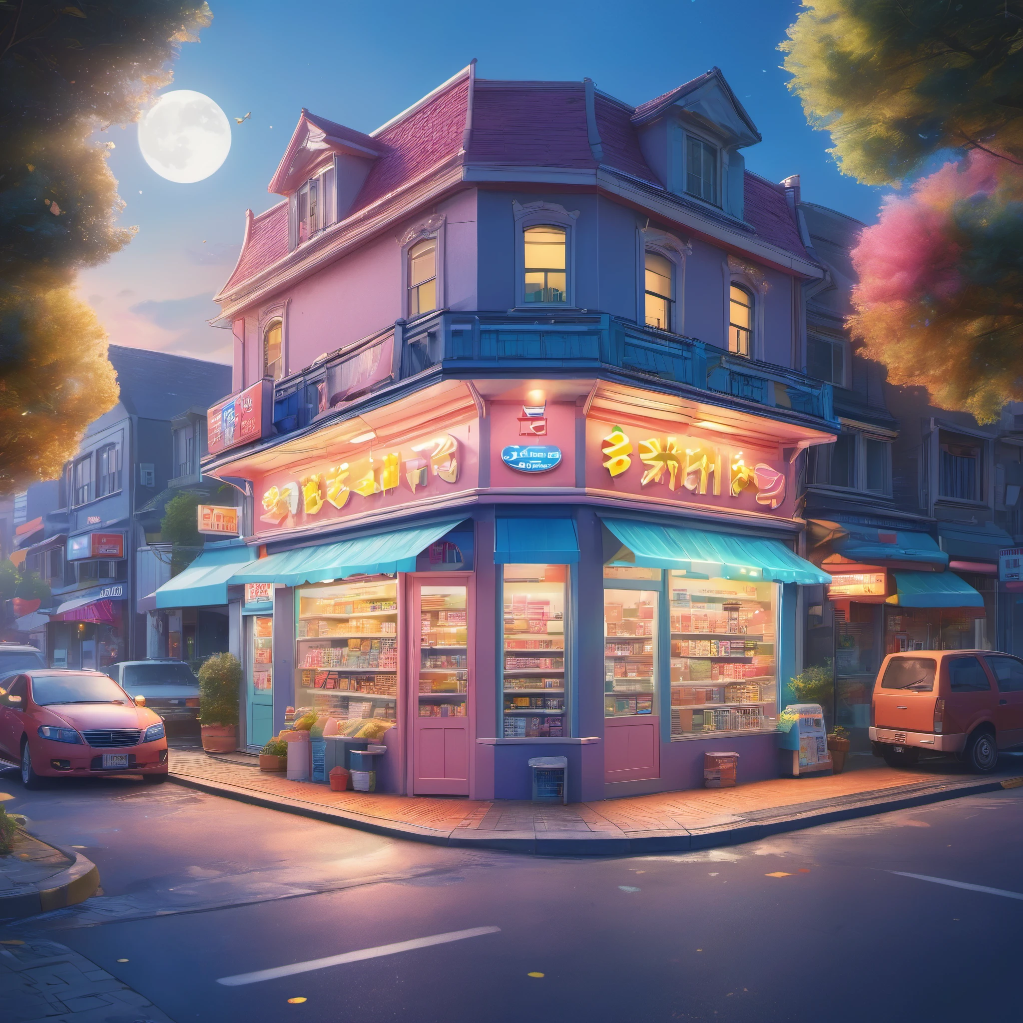 (best quality,4K,8K,High resolution,masterpiece:1.2),super detailed,illustration,(Midnight convenience store:1.2),fantastic colors,pastel colors,whimsical atmosphere，神奇的Midnight convenience store，Fantastical colors，Translucent sprites。