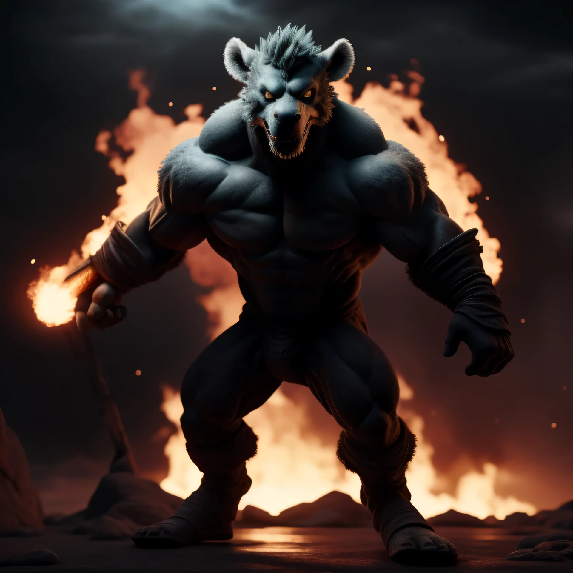 Dabi from My Hero Academia, in a solo and realistic scene, is depicted with a muscular and athletic build, showing an idle standing pose with a smirk on his pleasured face. His detailed eyes, full of intensity, fixate on the viewer. This 3D render, masterpiece of the highest quality, showcases Dabi's intricate features, with every muscle straining in realism, achieved through the use of unreal engine and a dramatic, nighttime setting. His red flames dance around him as a lens flare adds a surreal, absurdist touch. Trending on ArtStation, this ultra-detailed image of the fire-wielding villain exudes