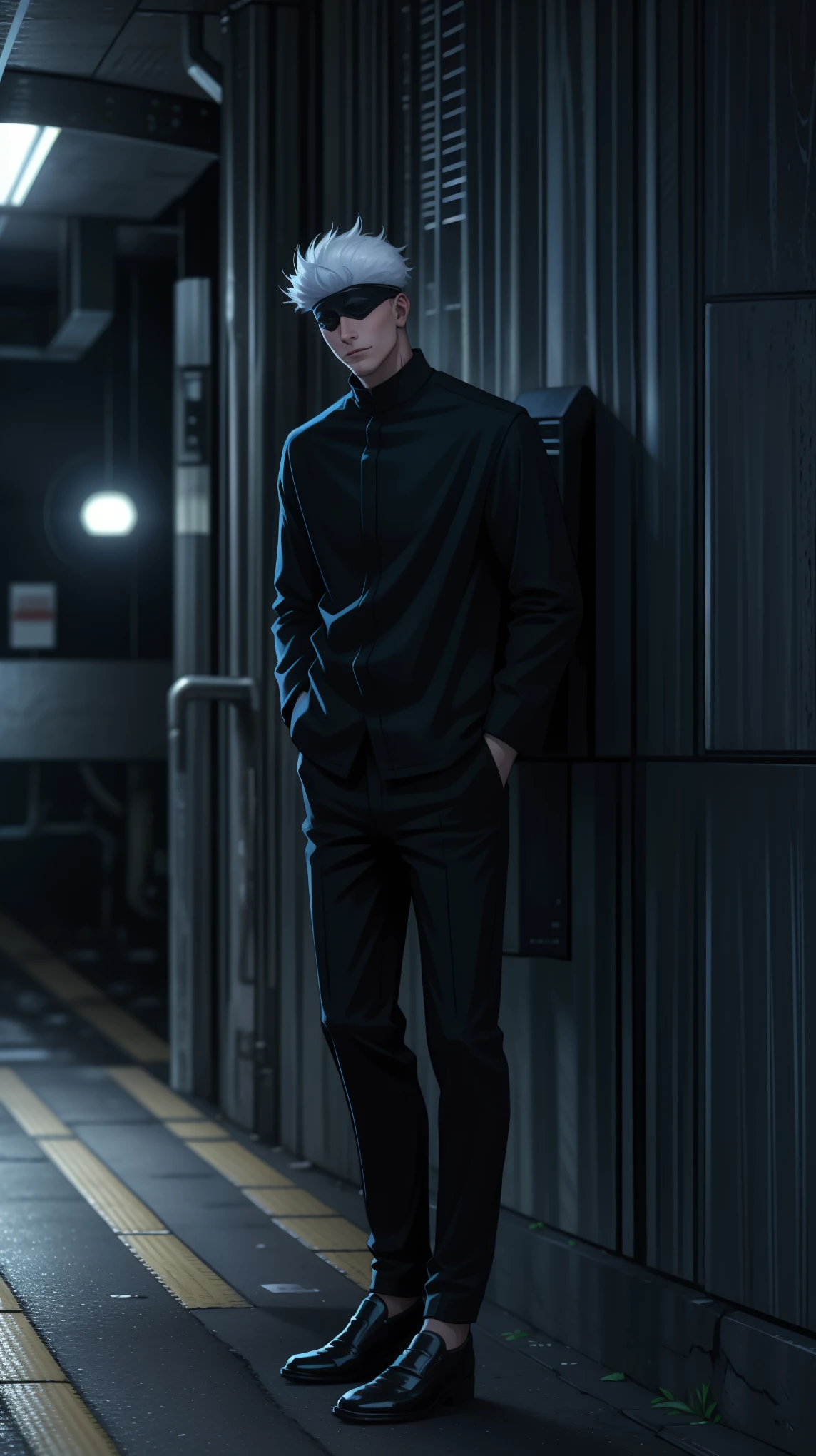 1boy, full body shot, perfect hand and fingers, satoru gojo, blindfold, black outfit, white hair, look at sky, smirk, red and blue moon city night background, wallpaper, cinematic,High resolution 8K, Bright light illumination, lens flare, sharpness, masterpiece, top-quality, The ultra -The high-definition, high resolution, extremely details CG, Anime style, Film Portrait Photography,masterpiece,hyperdetail,best quality, ultra-detailed, illustration, OsakaMetro400, subway station, train station, train, vending machine, scenery, 1boy, pants, black pants, shirt, black hair, white shirt