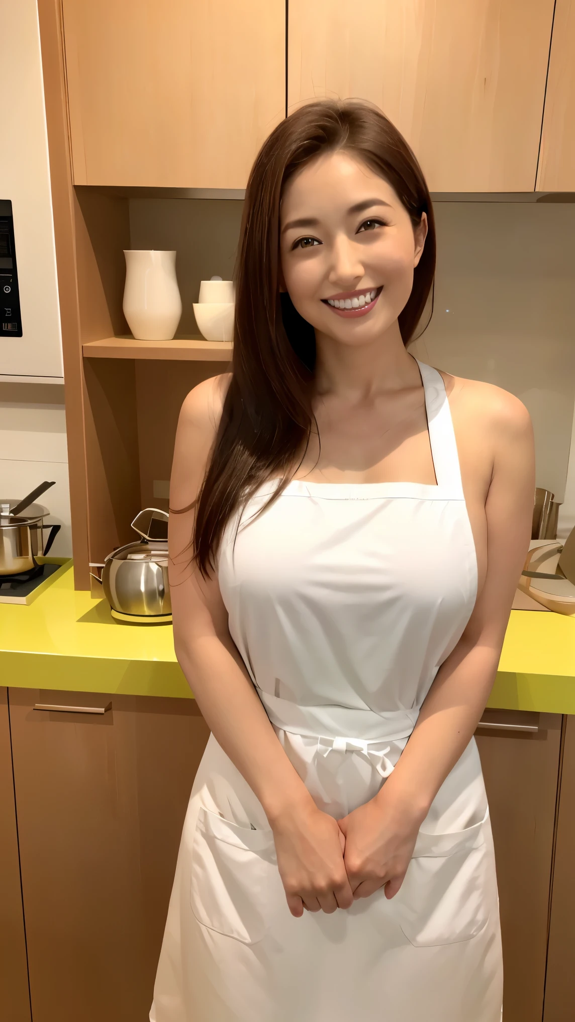 (table top、highest quality、8K、Award-winning work、ultra high resolution)、one beautiful woman、(wearing the most natural and perfect apron:1.1)、(naked apron:1.2)、long hair、(Look at me with your best smile:1.1)、(Show your beautiful teeth and have the best smile:1.1)、perfect beautiful teeth、emphasize body line、(bust up photo:1.1)、(Photo above the waist:1.2)、big breasts、(The most natural and practical kitchen:1.1)、(Perfectly organized and clean kitchen:1.1)、(modern and elegant kitchen:1.1)、(Perfect kitchen with state-of-the-art induction:1.1)、(Beautiful modern kitchen with a unified feel:1.1)、(very bright:1.2)、(very bright and vivid:1.2)、bright、very bright、that&#39;It&#39;s very vivid、the most vivid、High chroma、radiant beautiful skin、A refreshing and beautiful perfect window、ultra high resolutionのperfect beautiful teeth、(Ultra high definition glossy skin:1.1)、(very brightly lit、bright and glowing skin:1.2)、Super high-definition sparkling eyes、(accurate anatomy:1.1)、(the most elegant and perfect posture:1.1)、big breasts