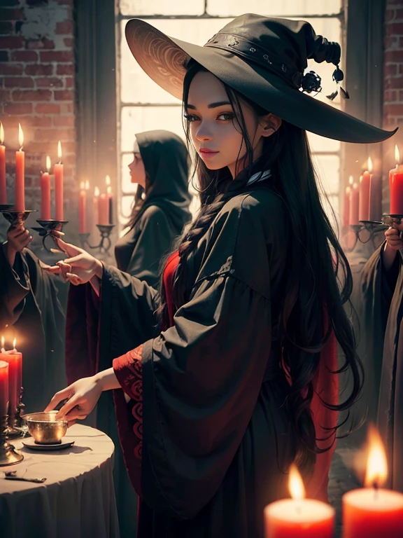 hats and oversized shoes, add to the enigmatic and mystical atmosphere of the scene. The women's long, flowing black hair cascades around them, creating a stark contrast against the stark, industrial background. In their hands, they each hold candles, casting an eerie and captivating glow on their ethereal features.

Draped in red velvet cloaks, the women exude a sense of mystery and allure. Their piercing gazes and exaggerated, enchanting smiles draw the viewer in, as they seem to conjure up a world of wonder and magic. The flickering candles add an element of danger and excitement, hinting at the mysteries and