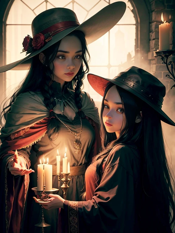 hats and oversized shoes, add to the enigmatic and mystical atmosphere of the scene. The women's long, flowing black hair cascades around them, creating a stark contrast against the stark, industrial background. In their hands, they each hold candles, casting an eerie and captivating glow on their ethereal features.
Draped in red velvet cloaks, the women exude a sense of mystery and allure. Their piercing gazes and exaggerated, enchanting smiles draw the viewer in, as they seem to conjure up a world of wonder and magic. The flickering candles add an element of danger and excitement, hinting at the mysteries and
