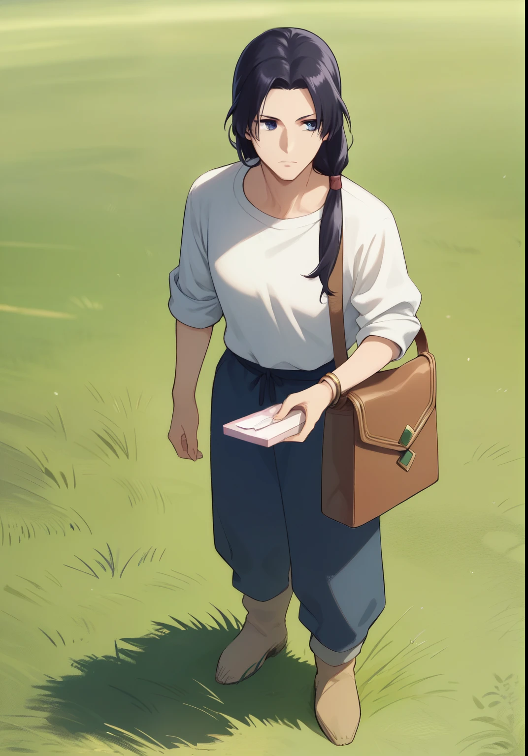 jinshi , black hair, long hair, blue eyes, parted bangs, full-length, low ponytail, linen shirt, rolled up sleeves, straight classic trousers, beige boots, looking into the camera, front view, holds out an open box with a bracelet, On the hill, grass, shoulder bag, stands, BREAK
score_9, score_8_up, score_7_up, score_6_up, anime