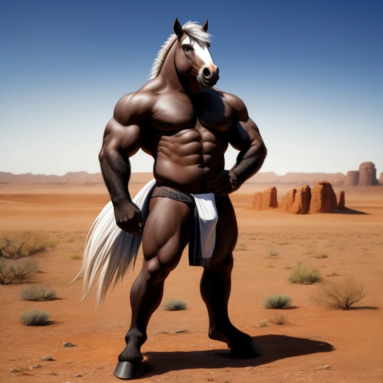 Furry, Antro, Equine, loincloth, hooves, Black, White, Solo, horse, fundoshi white, bulto macho, desert, Fundoshi white, detallado, cuerpo completo