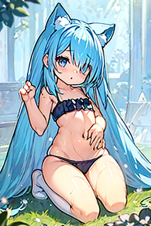 (solo:1.2)),li, cute girl sitting,(kneel),light blue bra & ribbed panties,from above,looking up,aqua hair,long hair,(hair over one eye),(dappled sunlight:1.2),blurry,(depth of field:1.1),head tilt,paw pose(touch cheeks), nekomimi