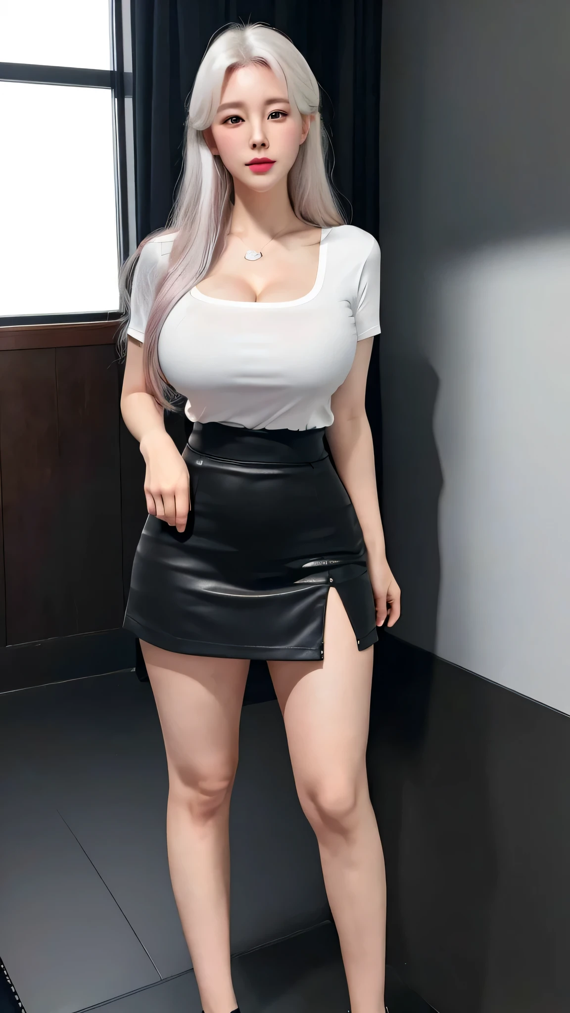 (8k, RAW photos, top quality, masterpiece: 1.2), (realistic, photorealistic: 1.37), (High Quality), (Ultra realistic), (High Details), (Face detail), (Shadow Detail), (big breast : 1.5), 1 girl, (Mature Female), MILF, solo, Green eyes, White hair, long hair, Pink Lips, Blush, (Extreamly Face Detailed), (Ultra Face Detailed), white oversized shirt, black skirt, (Hand detailed), Fingers Detailed, full body, (thin body), (slim body), slim stomach, (Thick thighs : 1.3), (wide hips), small soulders, (weight 170cm), black shoes, full body shoot, standing