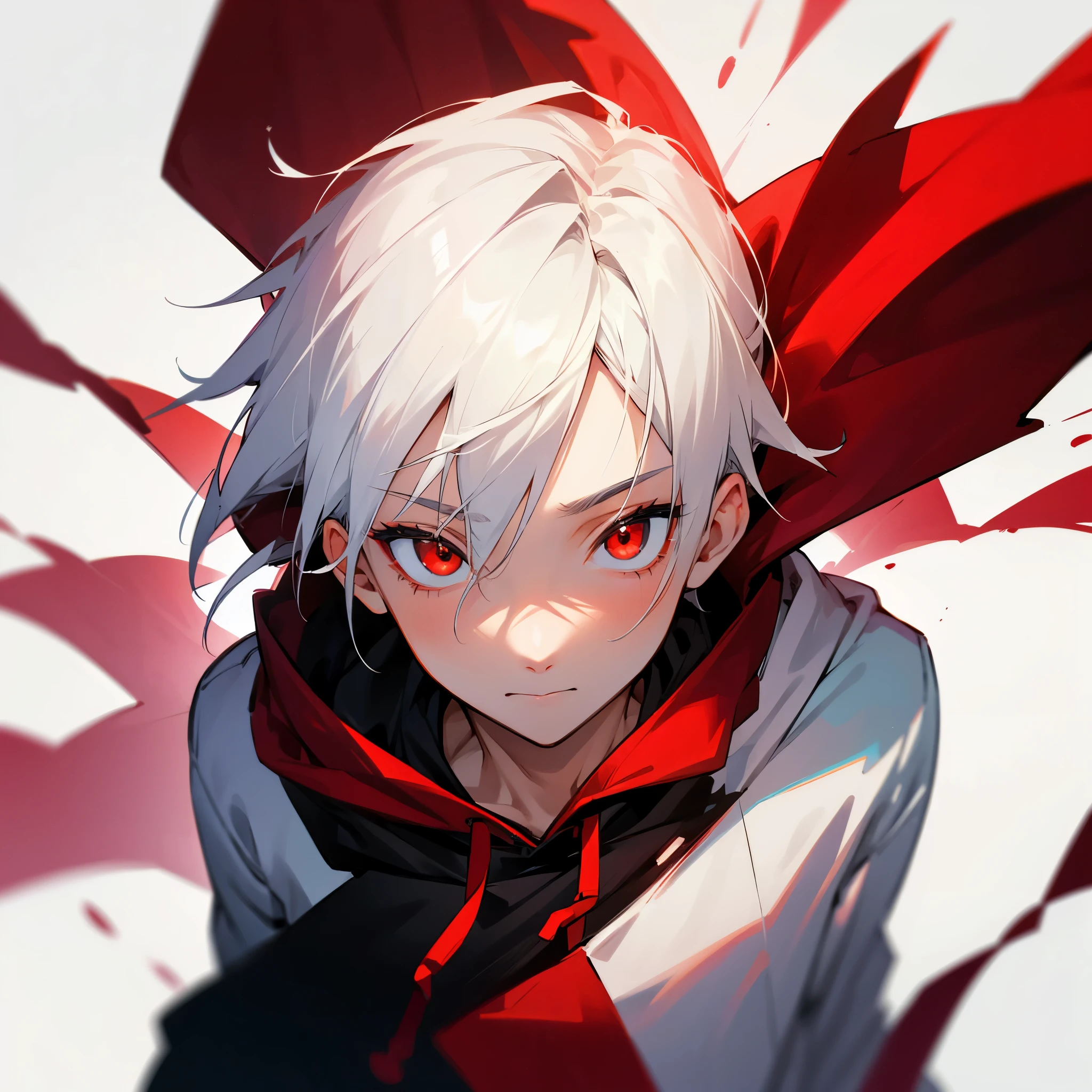 boy's face wearing withe hoodie white hair red eyes and white background