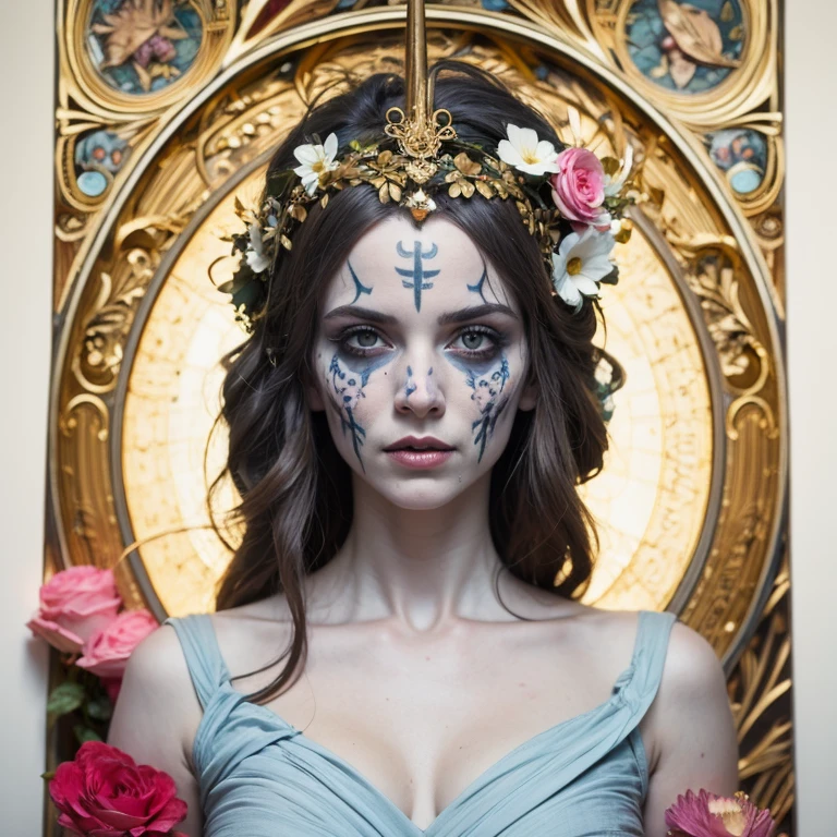 An ultrafine detailed watercolor painting of a gorgeous undead zombie with flowers in her hair, in the style of Alphonse Maria Mucha and Gustav Kilmt, art nouveau accents, (undead zombie:1.2), anthropomorphic female, female figure, detailed cover artwork, as the goddess of the flowers, Alphonse Mucha, Gustav Klimt, pale bluish skin, a marble sculpture, cgsociety, gothic art, art nouveau, behance contest winner