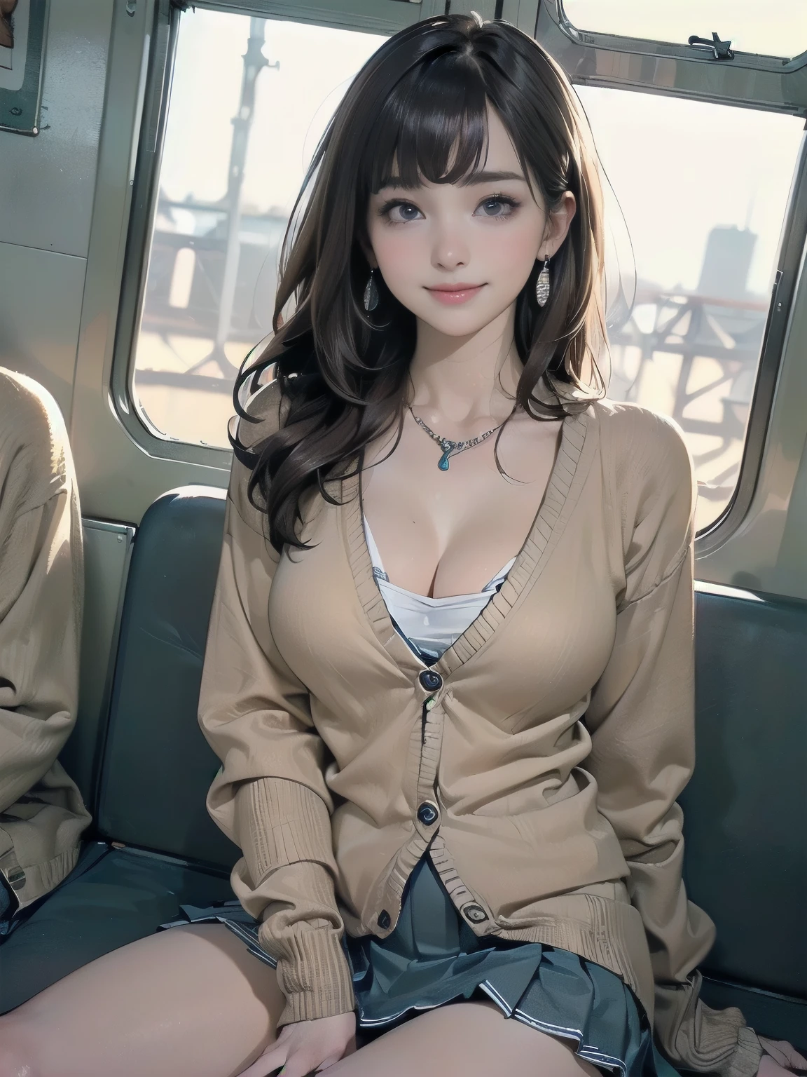 ((((highest quality))))、(((Ultra-precision CG16K wallpaper)))、(((masterpiece)))、(((Super detailed)))、(((super extreme details)))、((１Mature 24 year old woman:1.6))、((Very beautiful Japanese faceai Shiraishi:1.3))、((straight semi-long hair、blunt bangs:1.5))、(Shiny brown hair)、beautiful delicate eyes、brown eyes、high nose、small nostrils、small mouth、seductive lips、beautiful breasts、((C cup size breasts))、cleavage、plump body、perfect proportions、perfect anatomy、perfect composition、beautiful detailed shading、beautiful natural lighting、beautiful detail glow、Depth of the bounds written、(((High chroma)))、(((real:1.9)))、((vivid:1.5))、((beautiful skin))、((skin texture))、((realな皮膚感))、(((cowboy shot:1.6)))、((Front view、Front low angle:1.5))、((shy smile:1.5))、(The woman is facing this way:1.5)、Bright daylight、Natural light、(((sitting on a train seat:1.6)))、(sitting pose:1.5)、(((Wearing a cardigan、High school girl uniform、Micro mini pleated mini skirt clothing:1.6)))、((earrings、wearing necklace:1.3))、