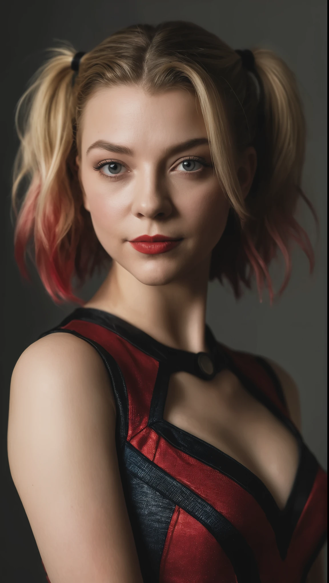 A portrait photo of Natalie Dormer dressed as Harley Quinn, tips of hair dyed black and red, wearing a mini dress, f /2.8, Canon, 85mm,cinematic, high quality, skin texture, looking at the camera 